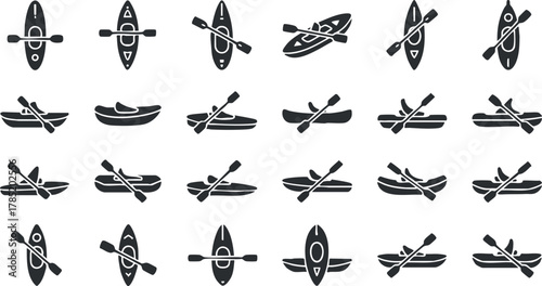 Set of minimalist black and white vector icons featuring kayaks and paddles for outdoor adventure and water sports designs