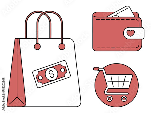 Shopping bag with money, wallet, and shopping cart icons symbolize commerce.