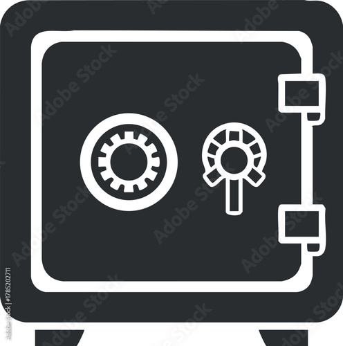 Minimalist black and white vector illustration of a secure safe with combination lock for financial and security concepts