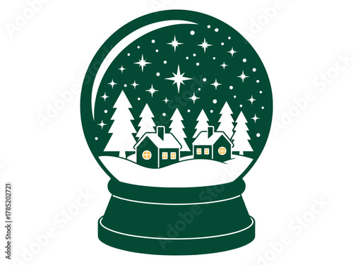 A winter scene is depicted inside a snow globe with trees and houses.