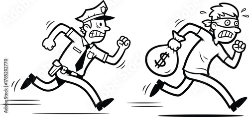 Police chasing thief cartoon illustration, money bag robbery scene, law enforcement pursuit, black-and-white comic style vector artwork