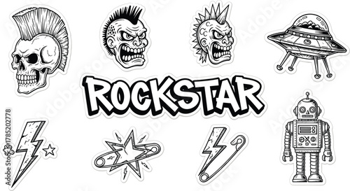 Punk rock and retro sci-fi icon set, skulls, robots, lightning bolts, flying saucer, bold sticker design, vector illustration