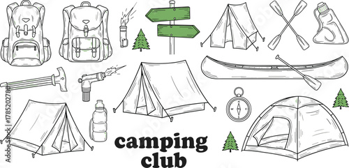 Camping gear icon set, outdoor adventure equipment, tents, backpacks, paddles, torch, compass, nature tools, flat vector illustration