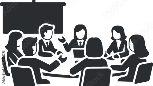 Minimalist black and white vector illustration of a business meeting scene depicting teamwork and collaboration in an office setting