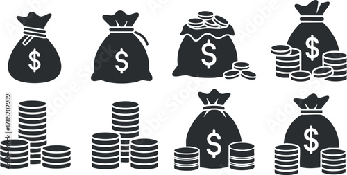 Black and white vector icon set of money bags and coins, perfect for finance and banking projects