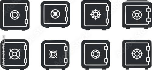 Set of minimalist black and white vector icons depicting various safe designs for finance and security applications