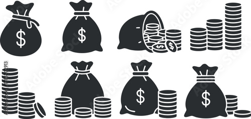 Silhouette vector icon set depicting money bags, coins, and financial symbols for finance and business projects