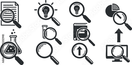 Vector icon set featuring magnifying glasses exploring various concepts such as ideas, science, and technology for design projects.