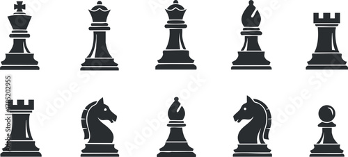 Black silhouette vector illustration of classic chess pieces set for game design and strategic concepts