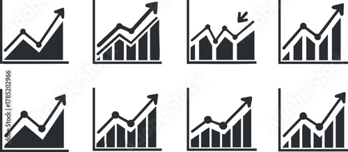 Set of modern flat vector icons showcasing various growth chart designs for business analytics and reporting.