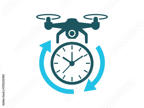 A drone icon is shown above a clock icon with circular arrows around it.
