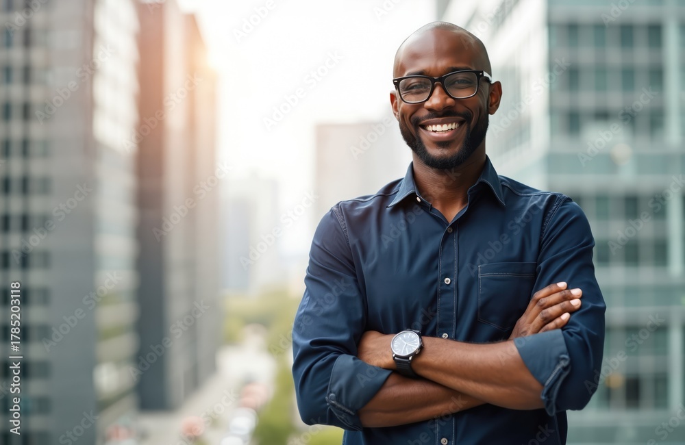 Obraz premium Confident black businessman smiles in office. Stands with arms crossed. Happy successful male entrepreneur in startup company shows leadership, management skills. Leader in workplace. Business