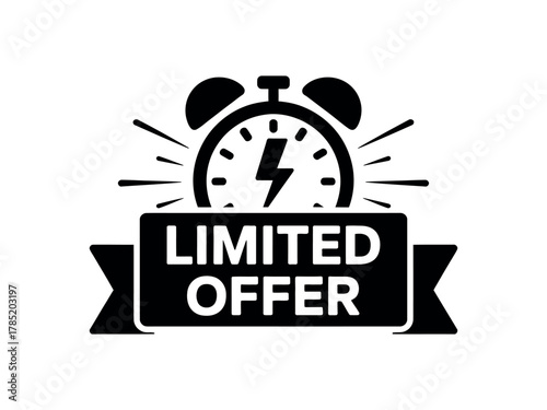 A limited offer alarm clock graphic with a lightning bolt signifies urgency and time sensitivity.