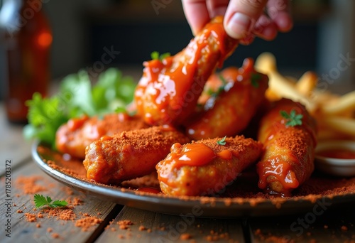 Fiery Buffalo Chicken Wings Coated in Spicy Sauce, Finger-Licking Goodness