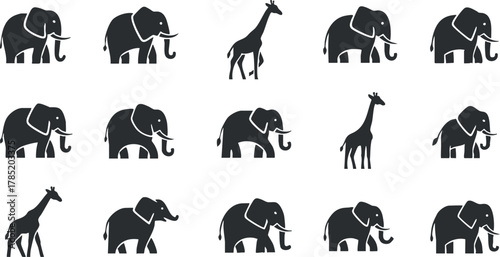 Fun vector illustration set featuring stylized silhouettes of elephants and giraffes for playful design projects