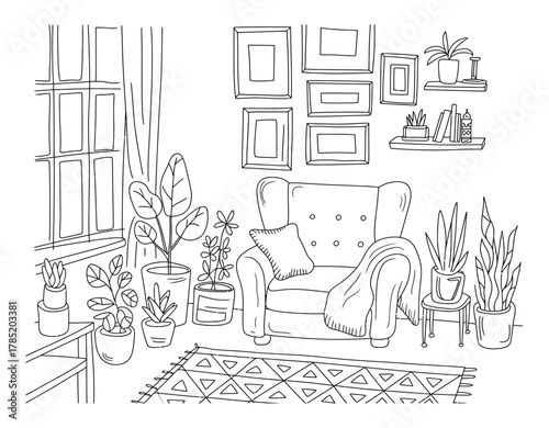 An armchair with a blanket is surrounded by houseplants next to a window.