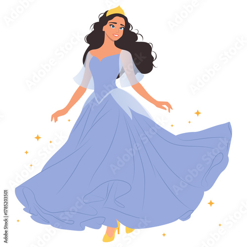 Fairy-tale princess in a lilac dress. Isolated image on a white background. Cartoon illustration of a princess