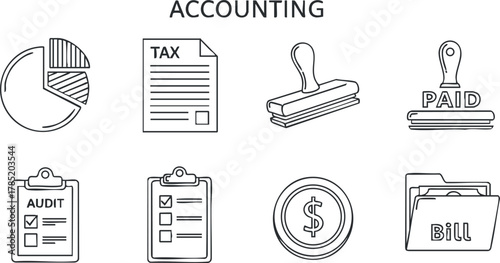 Minimalist vector icon set representing accounting concepts including tax, audit, and financial documentation for business and finance applications
