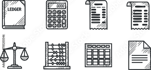 Hand-drawn vector icon set featuring accounting tools like ledger, calculator, receipts, scales, and abacus for financial themes
