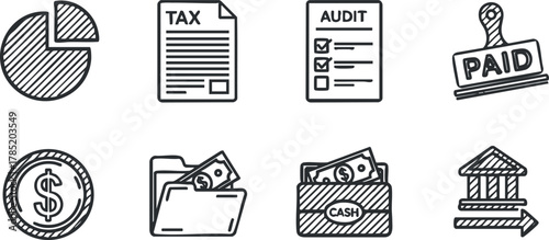 Outline vector icon set representing financial concepts including tax forms, cash management, and payment processes for business applications