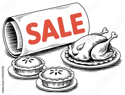 Roasted turkey and pies are on sale with a prominent sale sign.