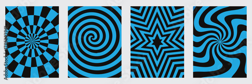 Hypnotic Blue Swirl and Star Vector Set. Abstract Spiral and Geometric Pattern Designs, Modern Psychedelic Optical Art Collection