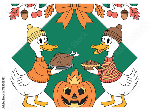 Two ducks wearing sweaters and hats hold Thanksgiving dinner and a pie.