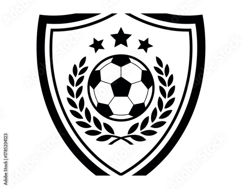 A soccer emblem featuring a ball, stars, and a laurel wreath.