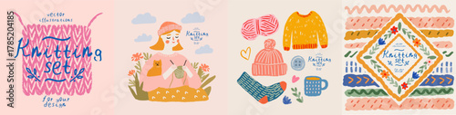Knitting. Cozy set of knitting vector hoby illustration with yarn,
 sweaters, hat, socks, frame pattern and girl knitting for craft design, winter fashion and handmade branding