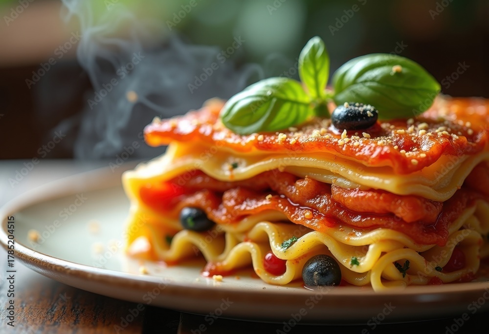 Fototapeta premium Layers of Creamy Ricotta Cheese with Savory Vegetable Filling in a Flavorful Pasta Architecture
