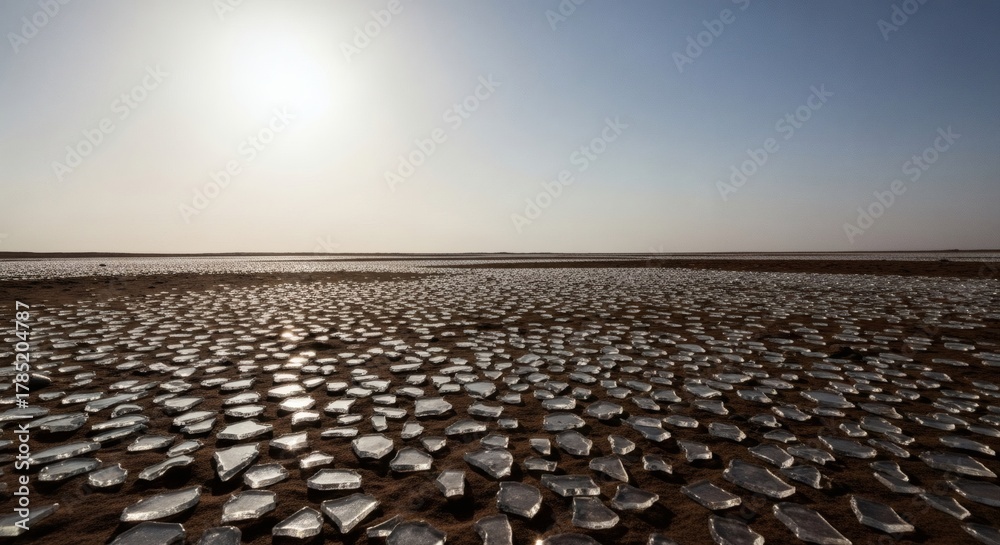 Fototapeta premium Cracked salt flat with sun shining in the sky in iran, middle east