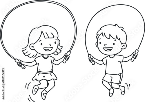 Playful black and white vector illustration of children jumping rope, perfect for educational materials and children's activities.
