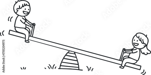 Playful line art illustration of children enjoying a seesaw in a park setting, perfect for educational and recreational themes