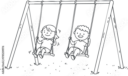 Black and white vector illustration of two children happily swinging on a playground swing set in a playful outdoor scene