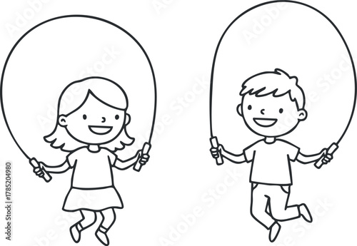 Playful line art illustration of children jumping rope, perfect for educational materials, fitness themes, and children's activities.