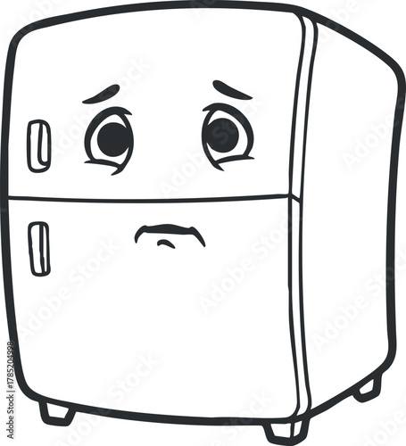 Cute cartoon-style vector illustration of a sad refrigerator character, ideal for kitchen-themed designs and playful branding