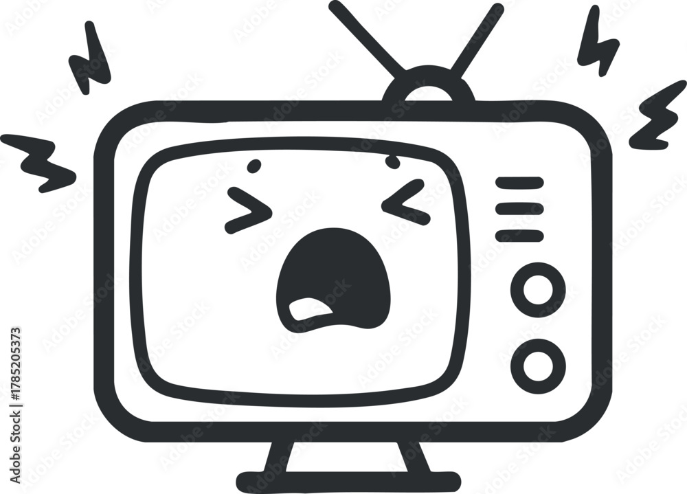 Naklejka premium Playful black and white vector illustration of an angry television with expressive features and sound effects.