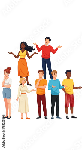 A diverse group of young people with questioning and uncertain expressions.