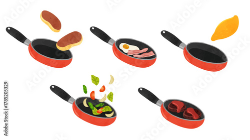 オレンジ色のフライパン5種類　水彩風手描きベクターイラスト