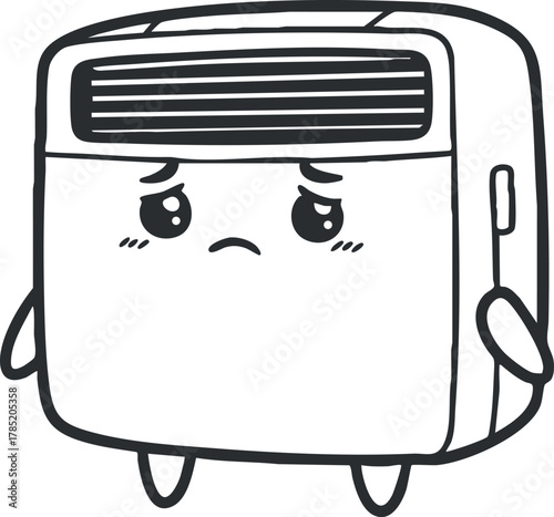 Cute cartoon vector illustration of a sad air conditioner character in a minimalist black and white style for home appliance design