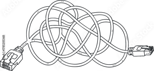 Outline vector illustration of a tangled ethernet cable, ideal for technology and communication design projects.