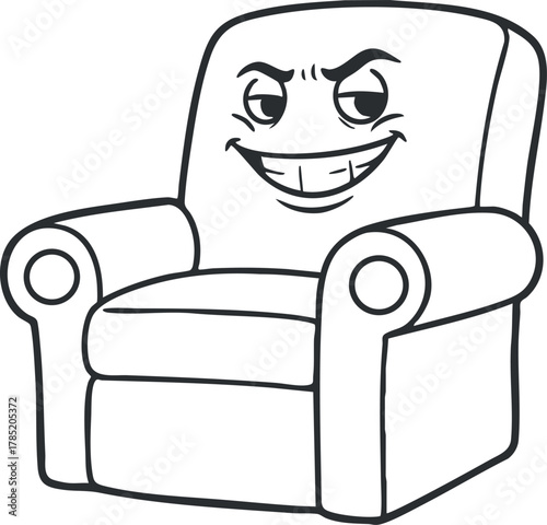Playful cartoon vector illustration of a smiling armchair with a cheeky expression, perfect for home decor and playful designs