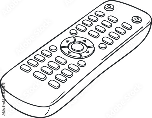Outline vector illustration of a remote control device featuring buttons for home entertainment and multimedia applications