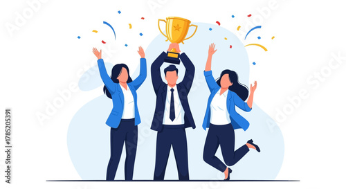 Business team celebrating success with a golden trophy and confetti.
