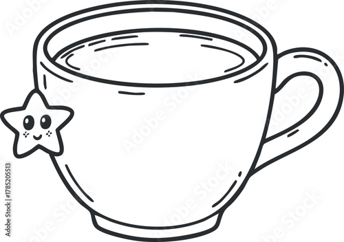 Cute hand-drawn vector illustration of a cozy cup with a star decoration, perfect for beverage-related designs.