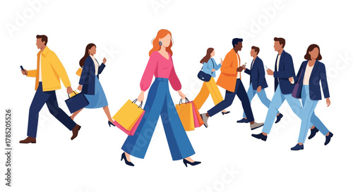 Diverse group of people walking with shopping bags.