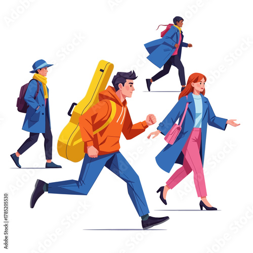 Energetic man running with guitar case, urban lifestyle concept.