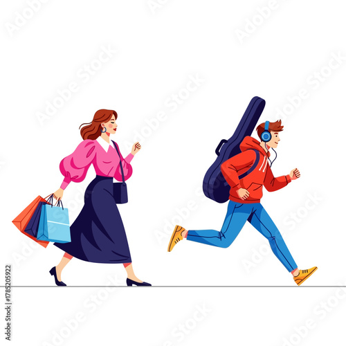 Woman with shopping bags and man with guitar case walking quickly.
