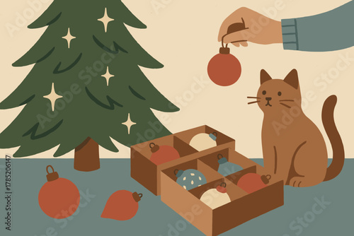 Catscape festive dusty icon text no letters softly simple sitting detail pine