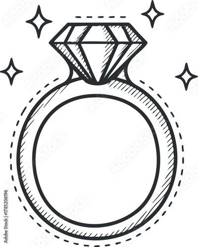 Hand-drawn outline vector illustration of a diamond engagement ring with sparkling accents for wedding and jewelry design